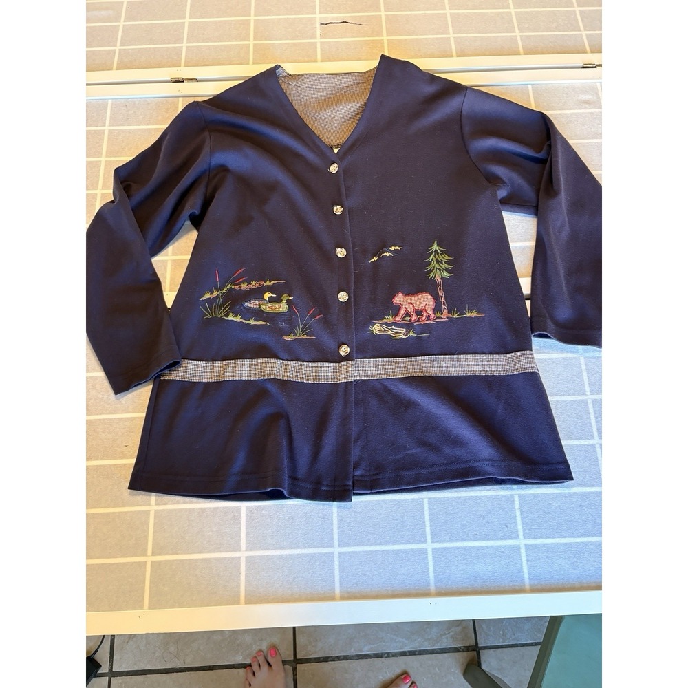 Vintage Links Forest Mountain Patchwork Bear Duck Cardigan Sweater‎ Women's SzM